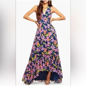 Ramy Brook Miles Floral Maxi Dress Navy High Low V Neck Sleeveless Size 00